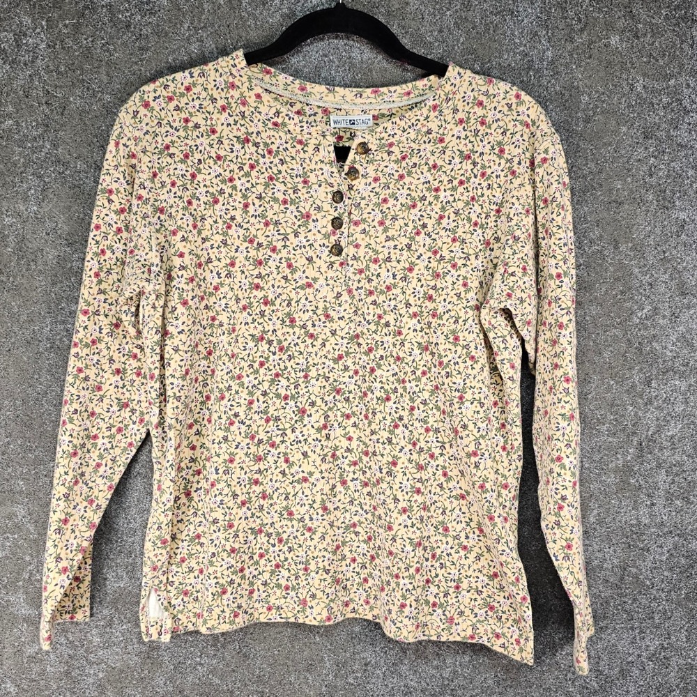 White Stag Womens Floral Ribbed Henley Top Long Sleeve Pale Yellow Pink Size M